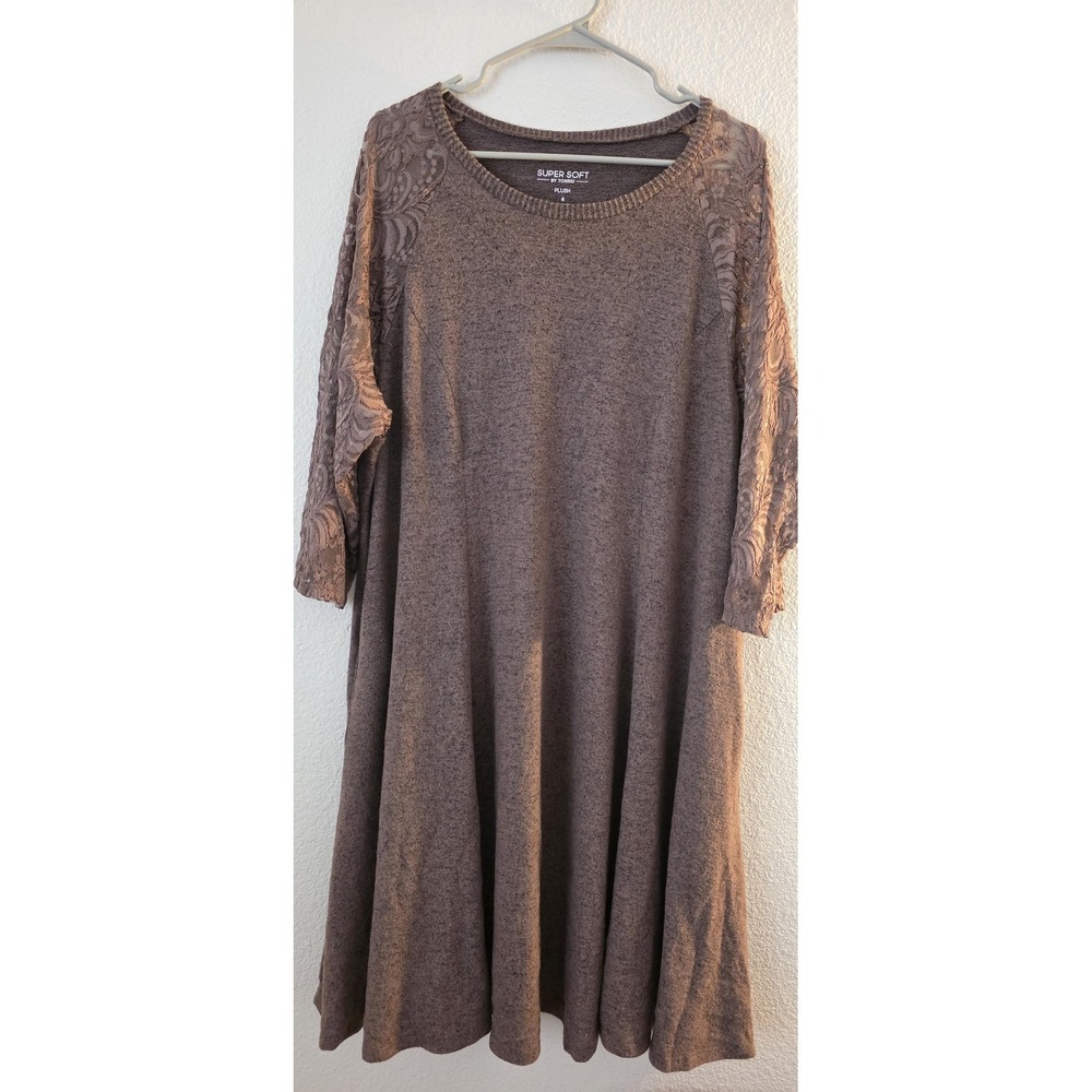 Torrid Super Soft Plush Dress Womens 4‎ Brown Lace Sleeve Swing Pockets Midi